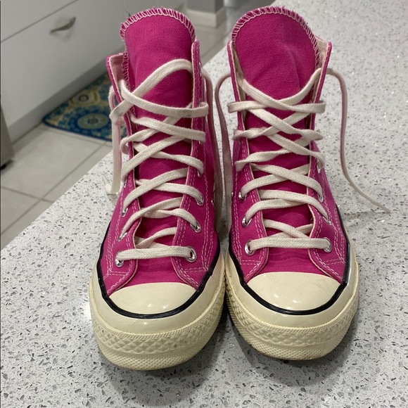 Converse Shoes - Women’s Converse Pink and Off White shiny High-Top Sneakers